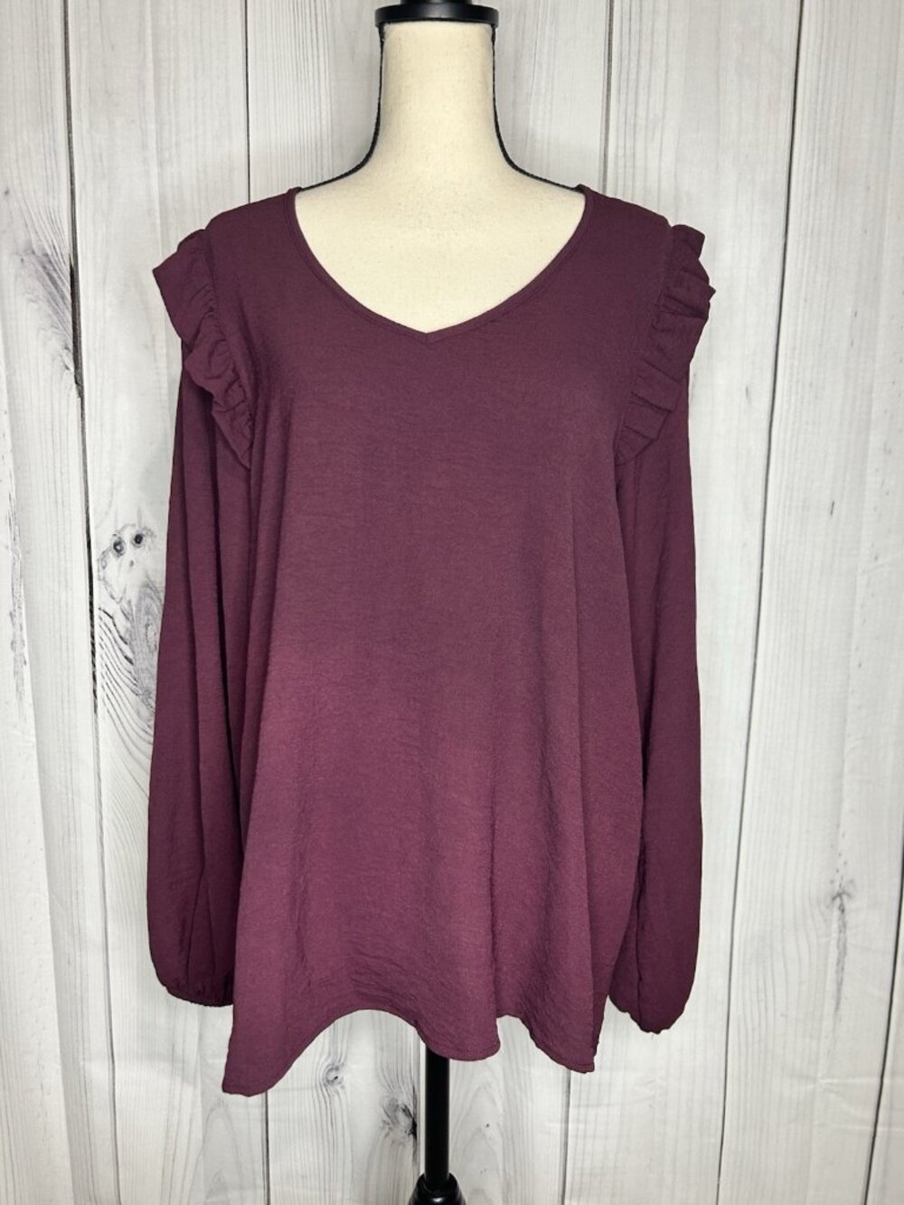 Cotton Bleu Long Sleeve Blouse Size L Deep Wine Purple Elastic Cuffs V-Neck
